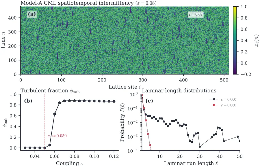 Quantitative STI spine for the Kaneko Model-A CML (N=512, display ε=0.08). (a) Spacetime diagram of the local state with burst contour overlay.